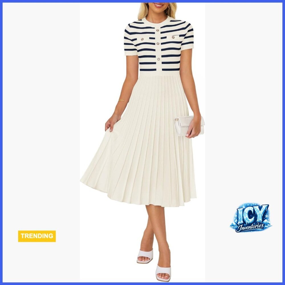 Viscose Polyamide Polyester Midi Dress Crewneck Short Sleeve Button A-Line